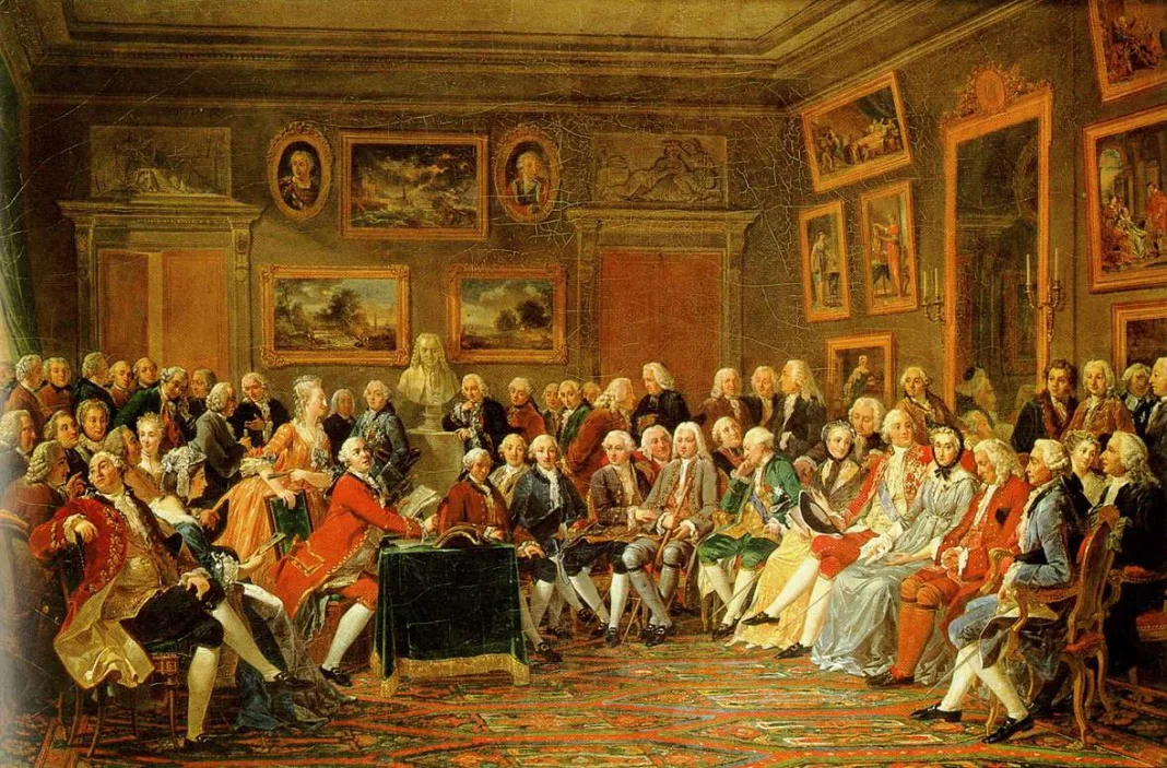 a painting of a group of people sitting in a room
