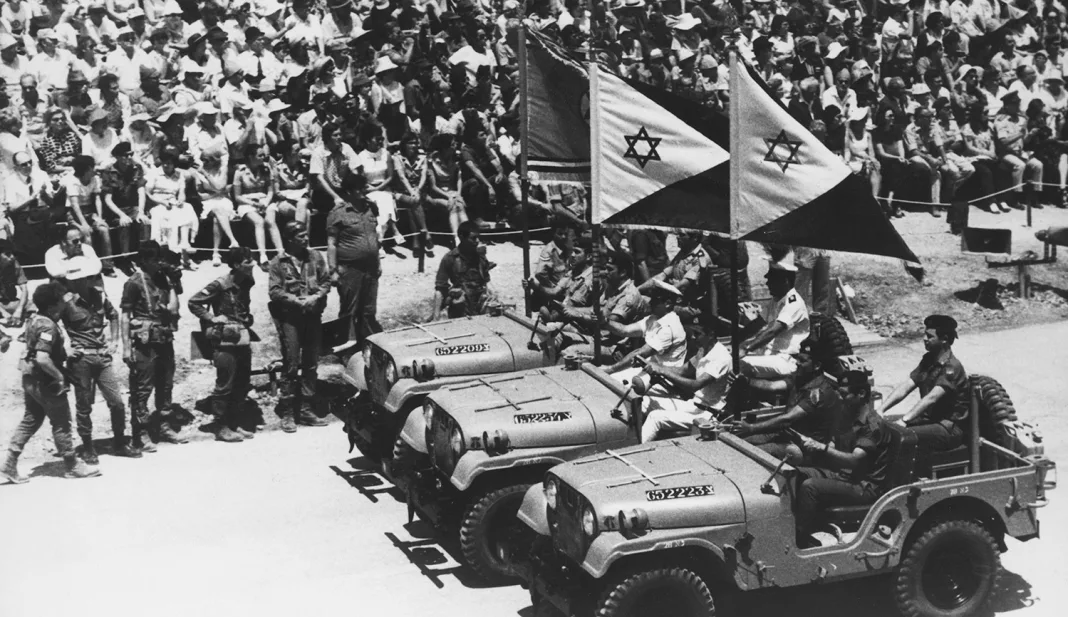 a group of people in military vehicles